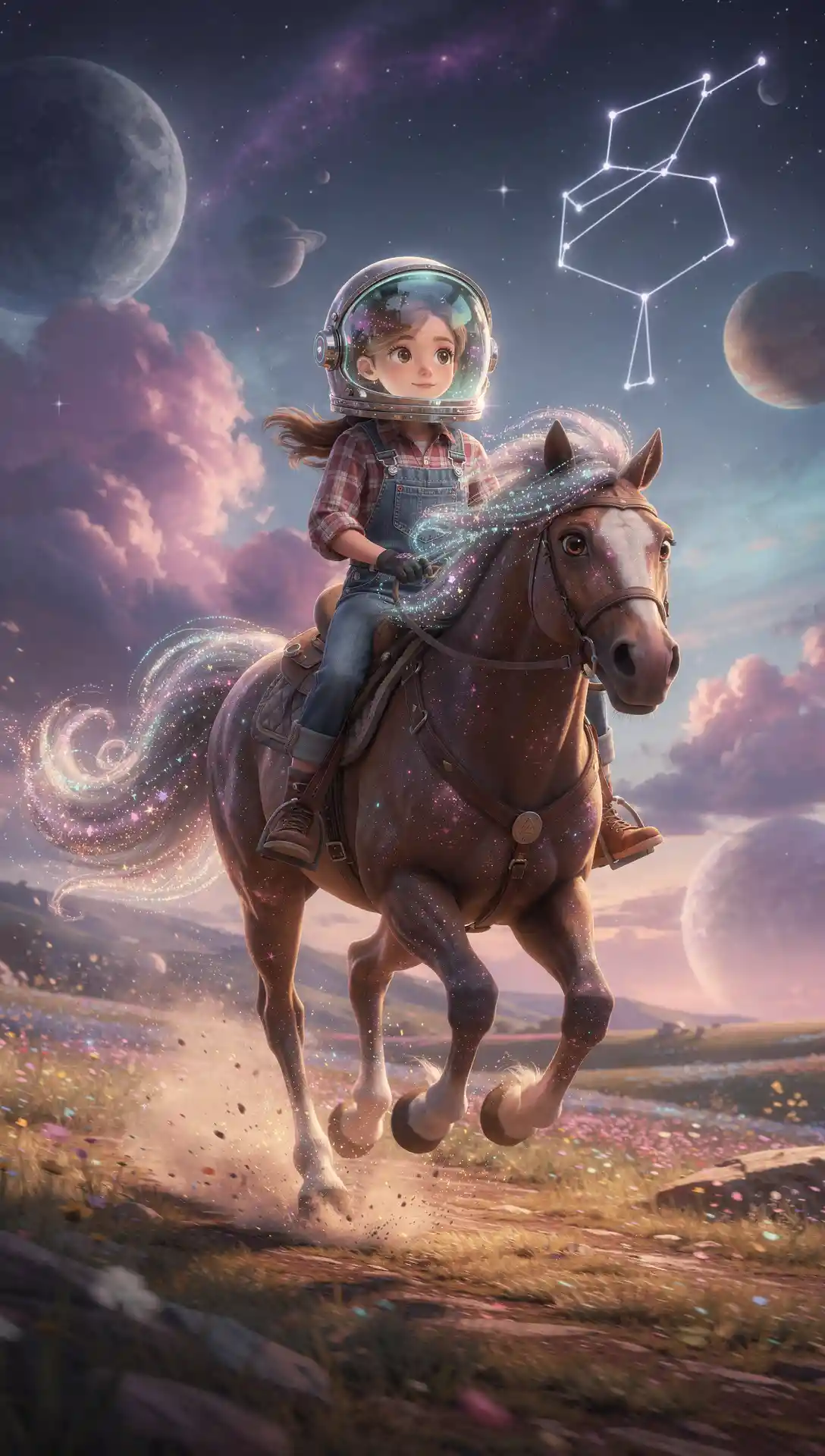 Farm girl astronaut riding a galactic horse through nebulae