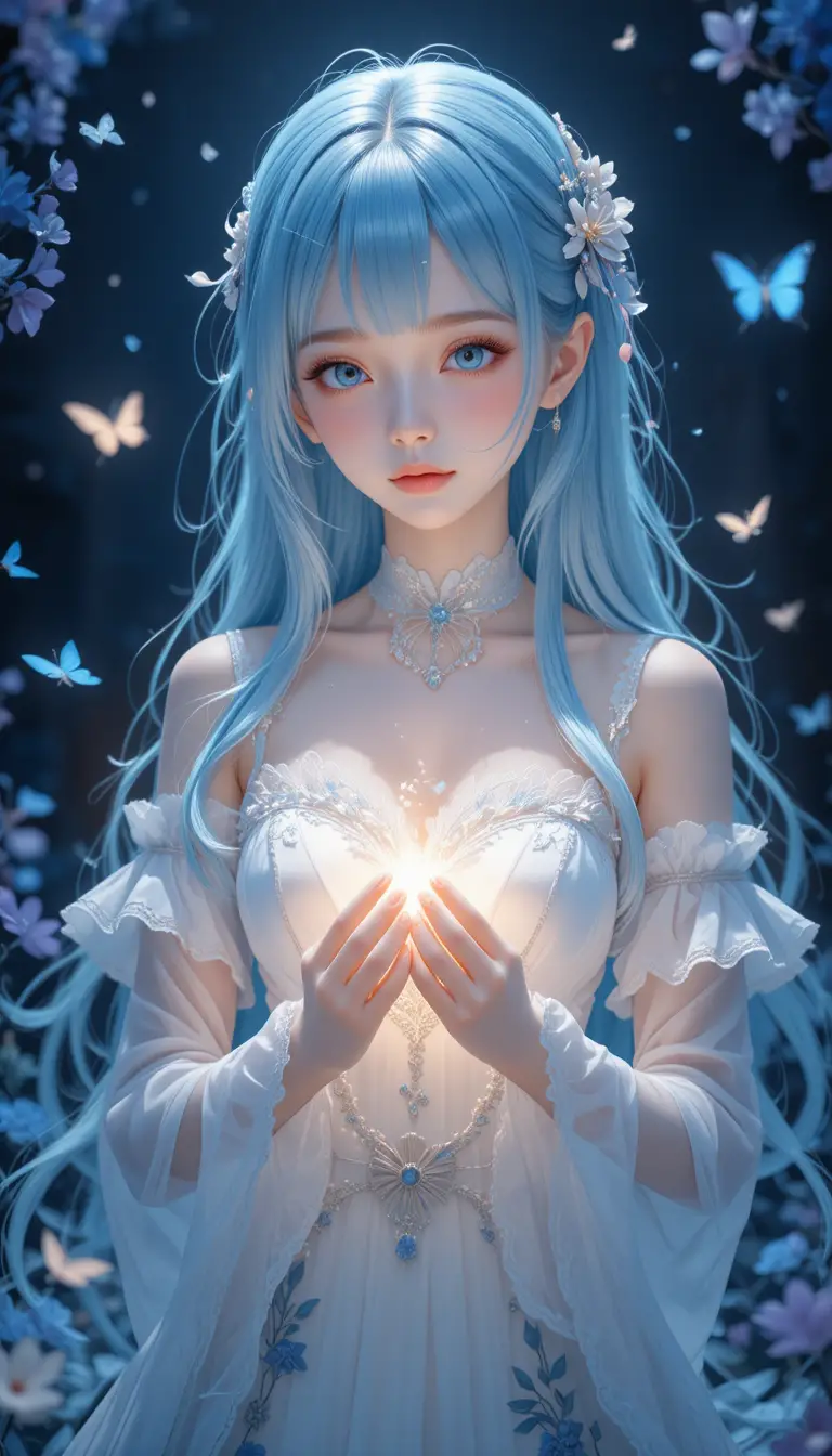 Blue haired fantasy girl holding glowing light