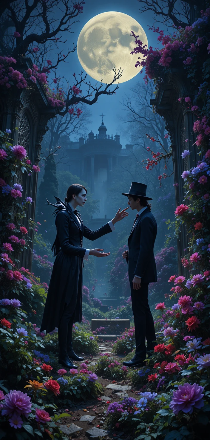 Criaturas fantasiosas em um colorido cemitério retrô