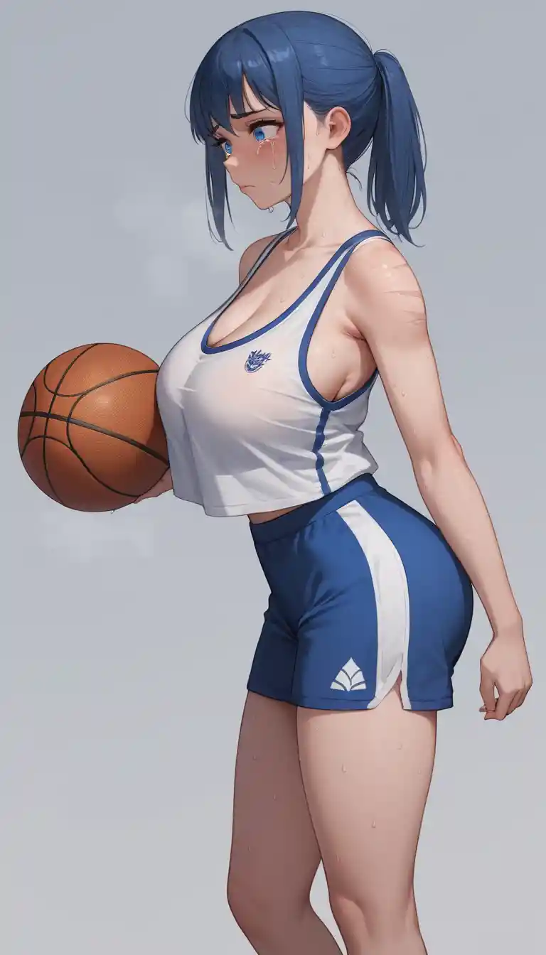 Sweaty anime schoolgirl close up on Japanese basketball court