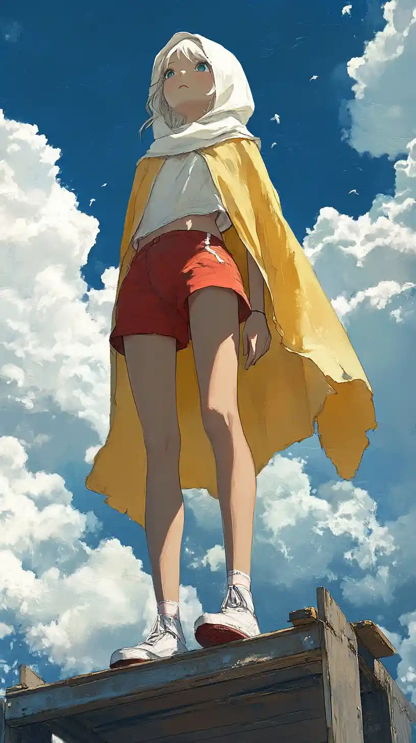 Chica de anime de pie sobre una caja de madera bajo un cielo azul brillante