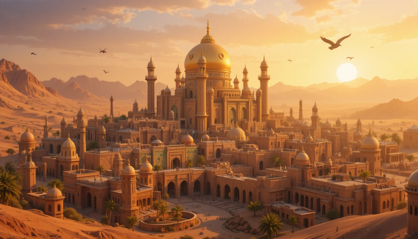 Skyline di una magica città nel deserto con cupole dorate all’alba