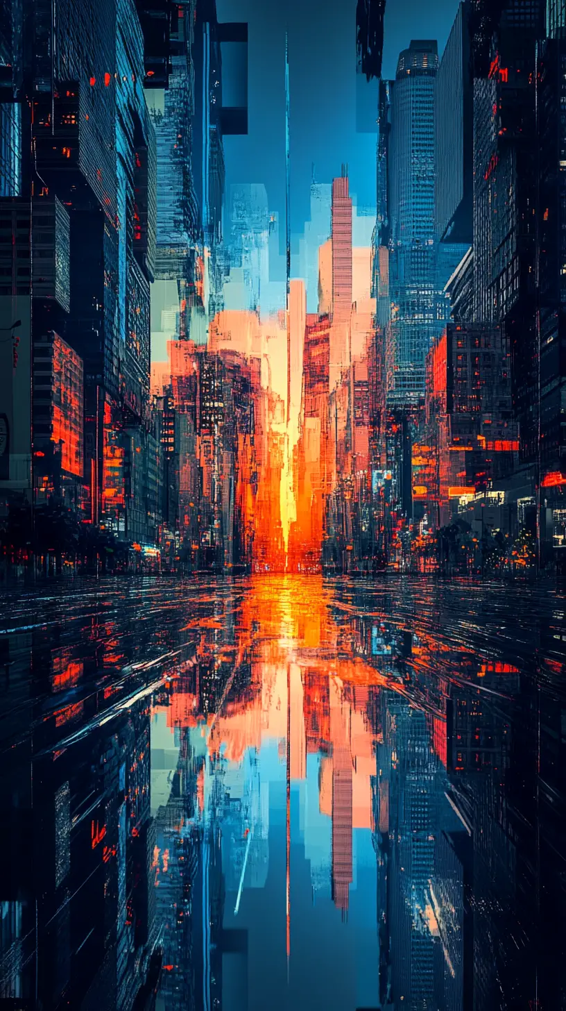 Stylized split cityscape with night and sunrise reflections