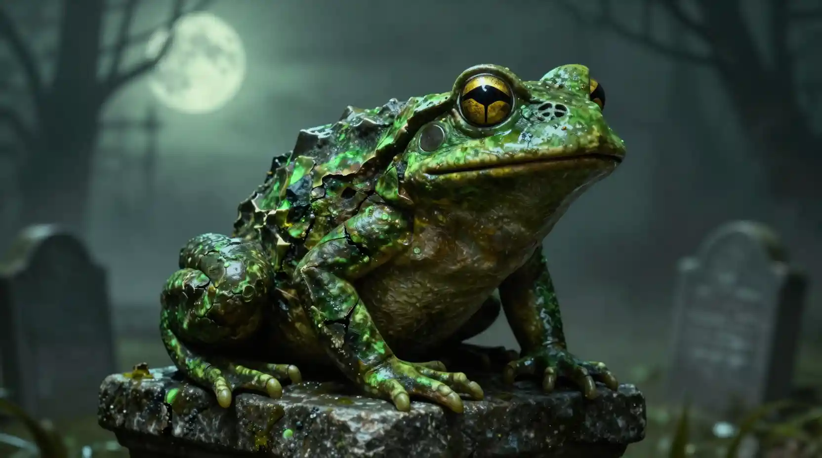 Gargouille grenouille en pierre au-dessus d’un cimetière brumeux au clair de lune