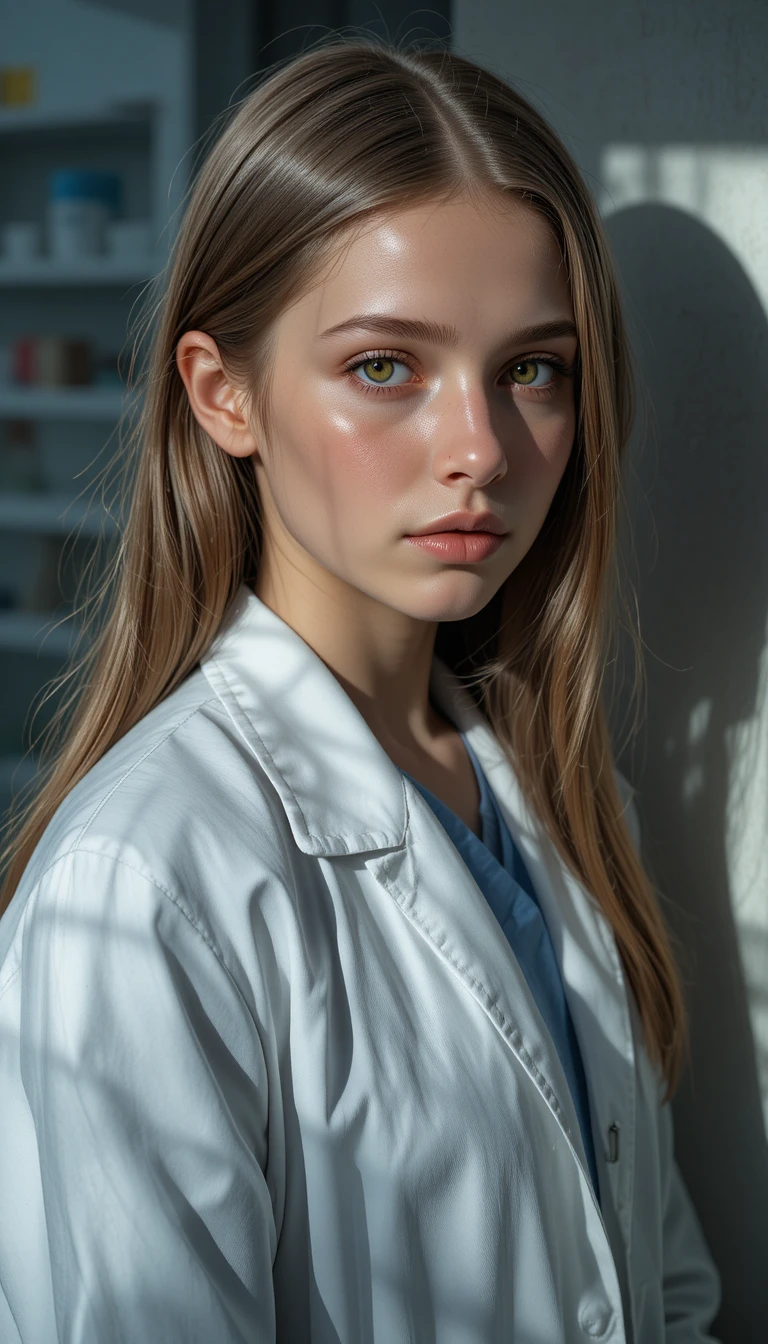 Young girl in white lab coat in a hospital clinic