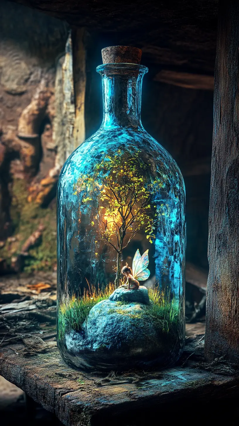 Mysterious fairy sitting on a stone inside blue bottle