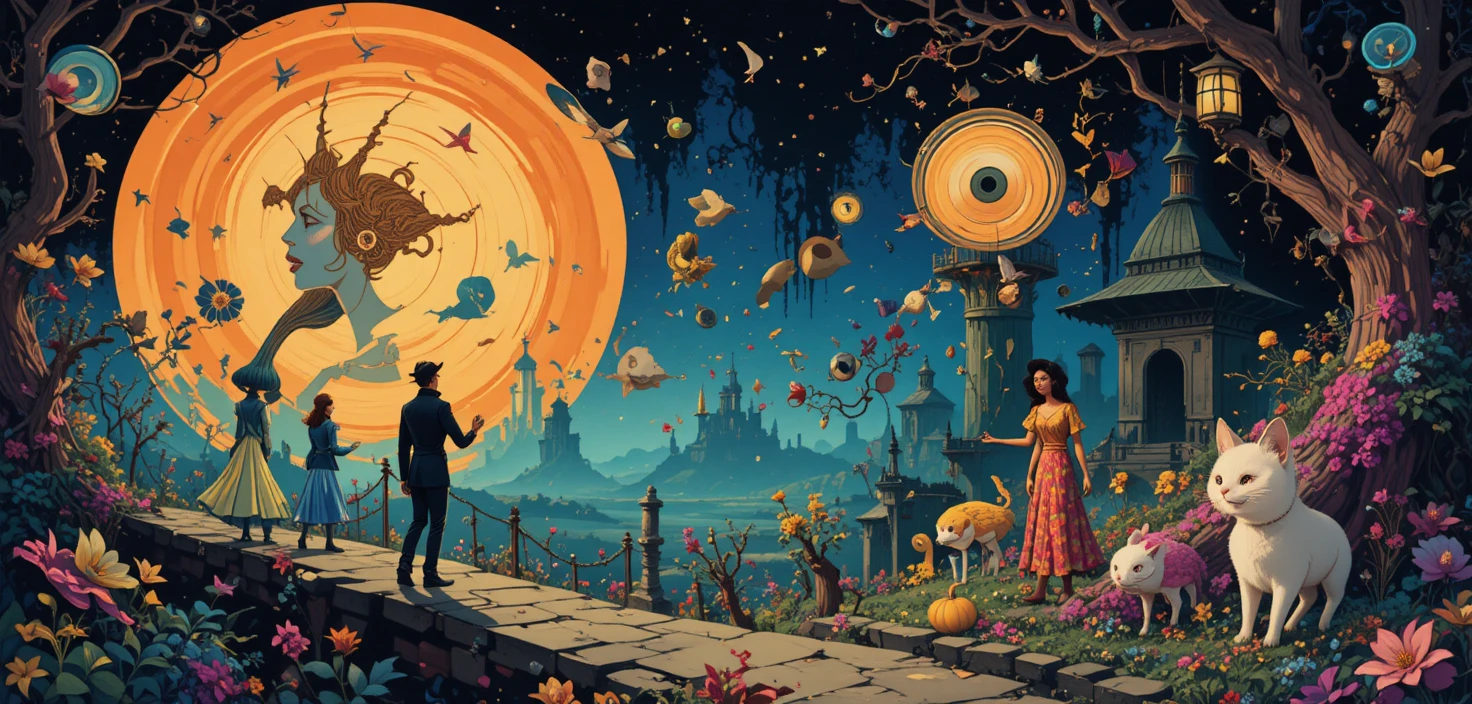 Animaux fantastiques et fantaisistes dans un style graphique rétro et coloré