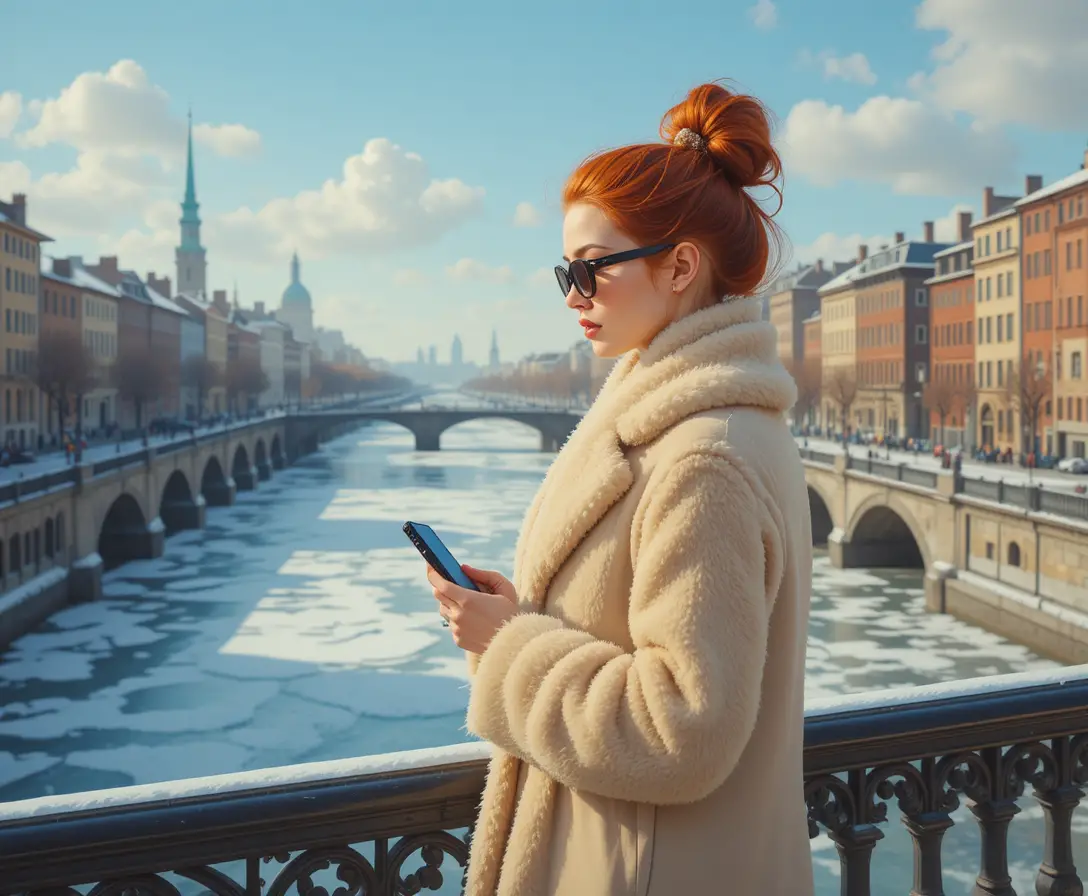Red haired woman on winter city bridge with phone