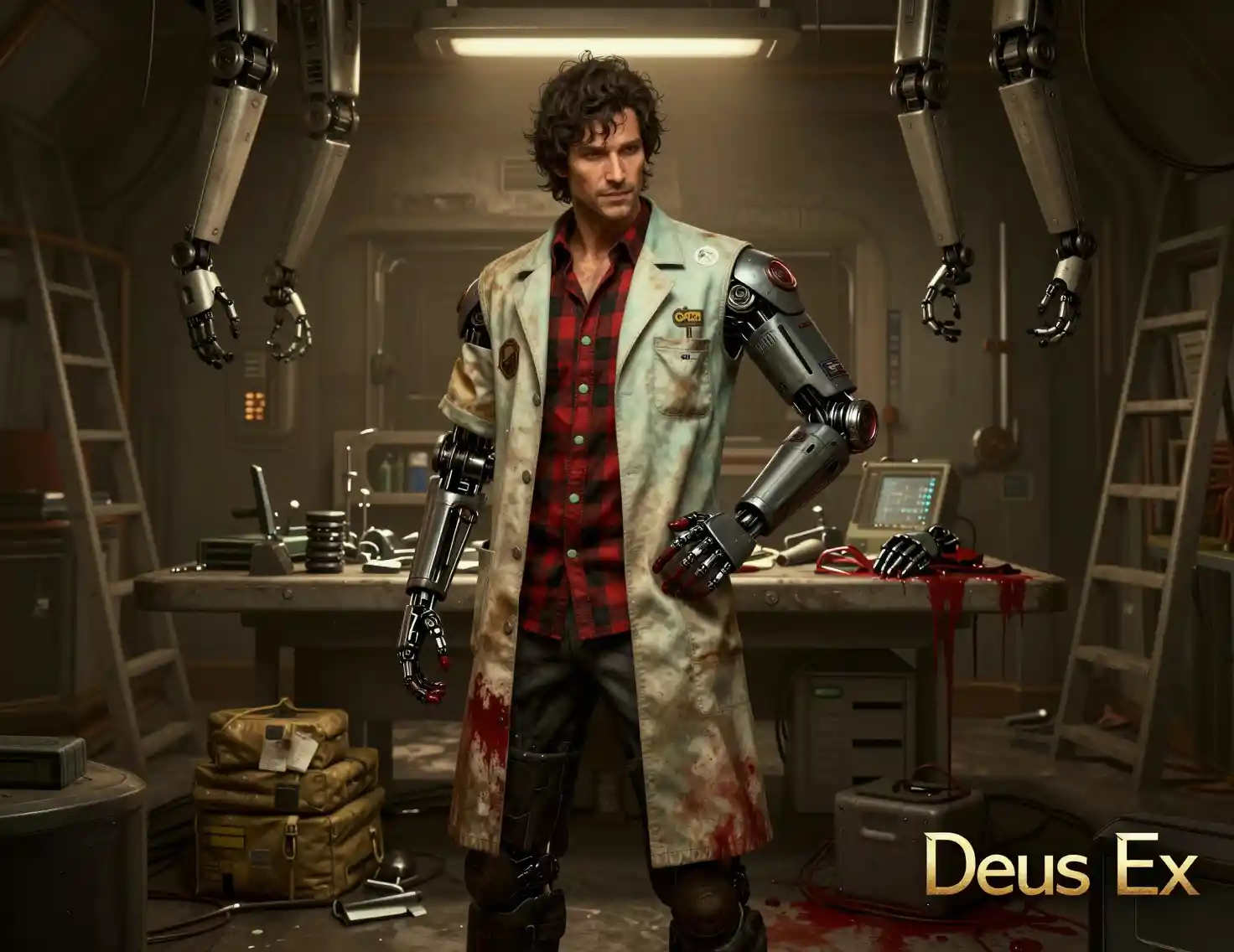 Médecin augmenté dans un laboratoire de chirurgie cyberpunk souterrain et sombre
