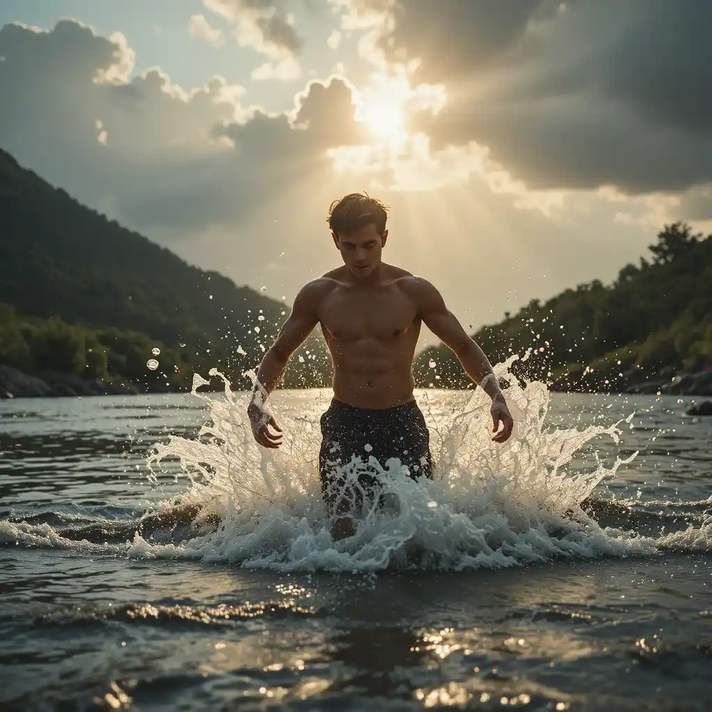 Joven cruzando un río bajo un dramático sol dorado