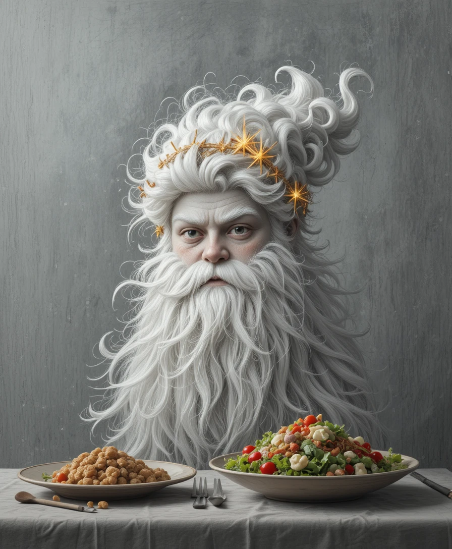 Cartoon fluffy creature hiding behind a festive table
