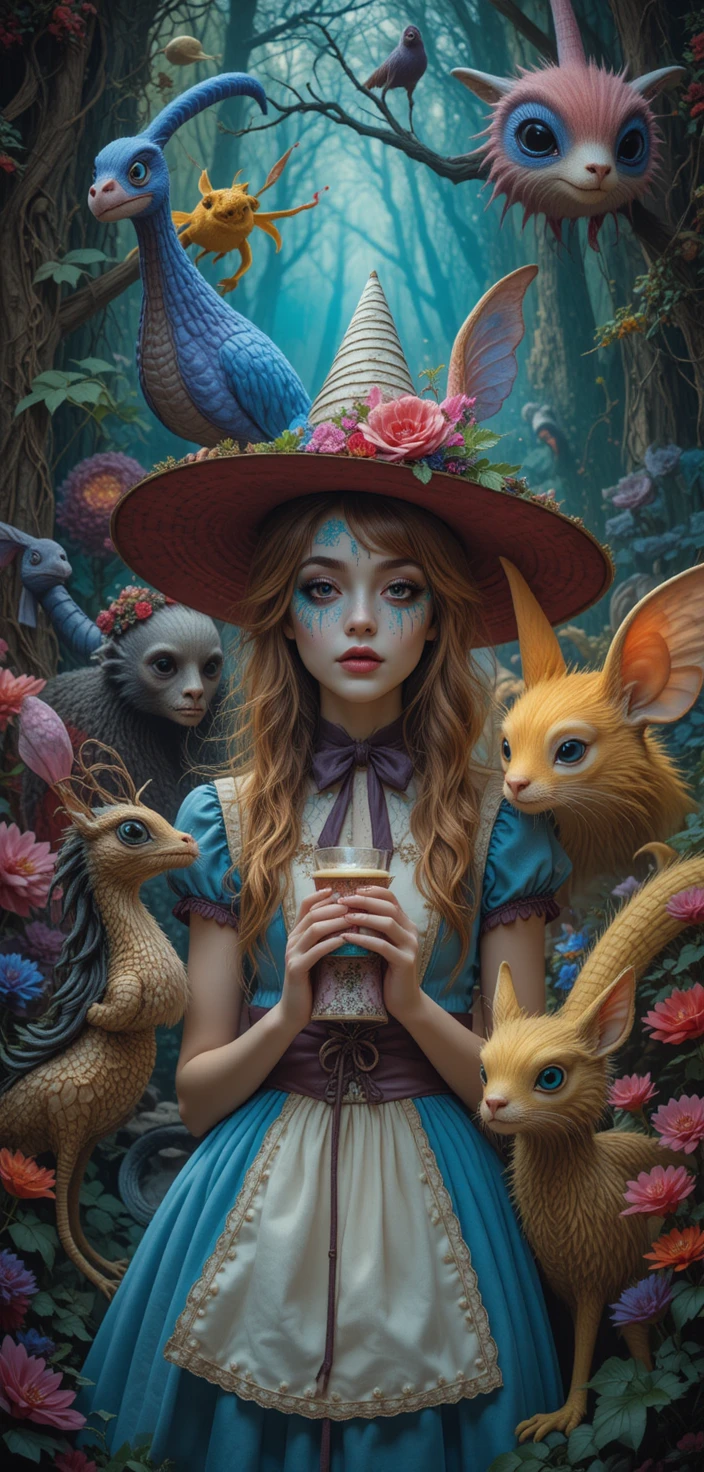 Whimsical 80s fantasy characters in a colorful surreal world