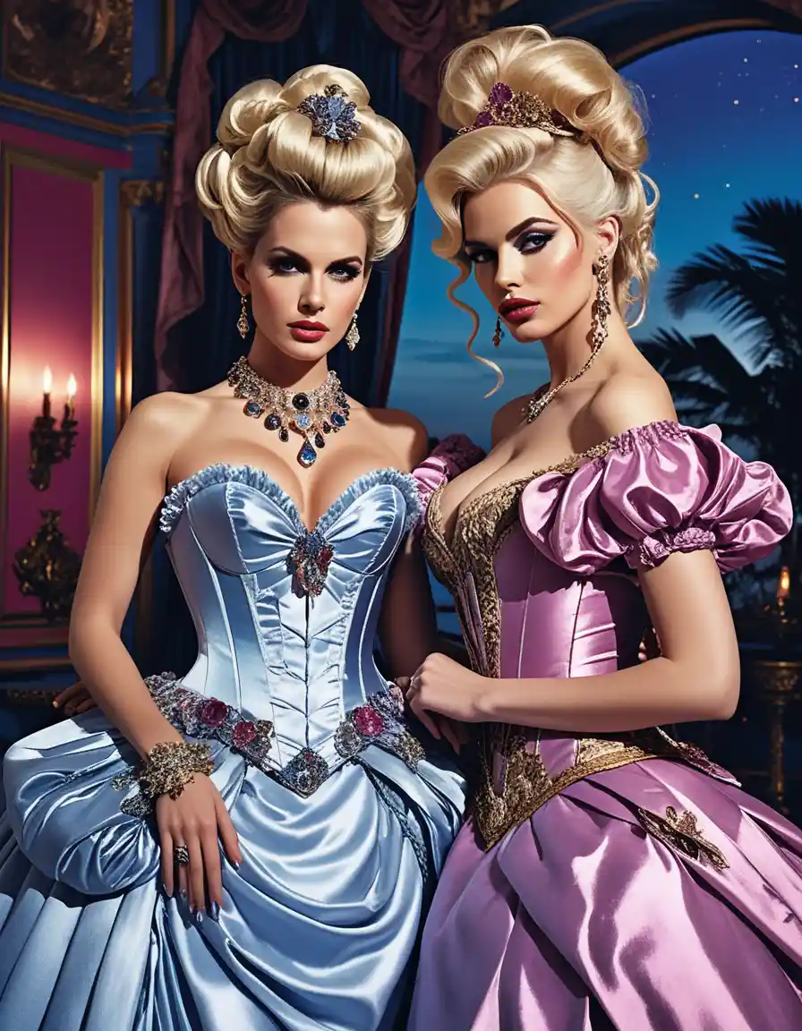 Two glamorous women greeting viewer at rococo costume party