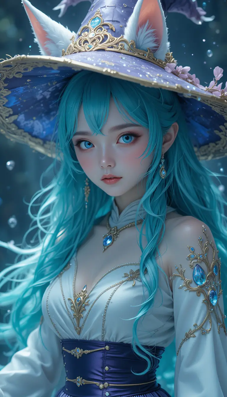 Anime water mage girl with fox ears and witch hat
