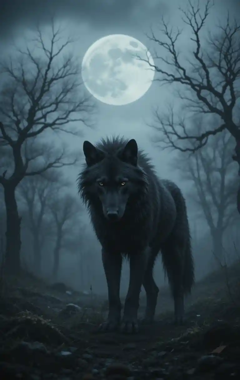 Lobo solitário em uma paisagem de floresta escura e enevoada