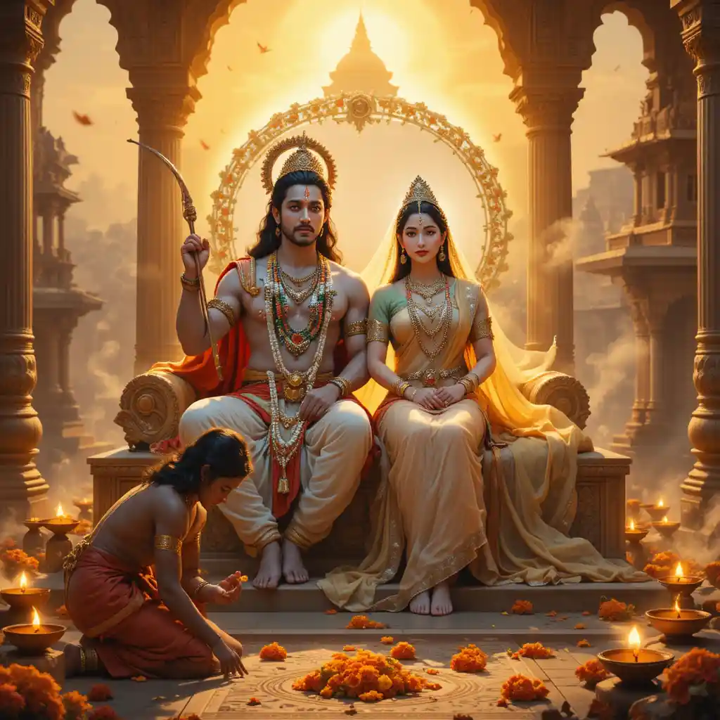 Lord Ram and Goddess Sita enthroned in golden temple light
