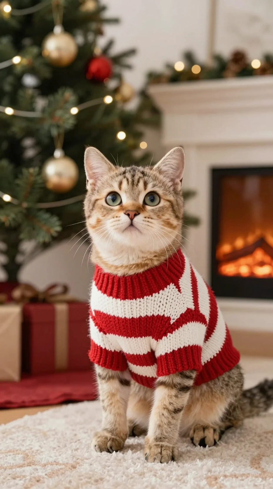 Gatinho de Suéter Listrado sob a Árvore de Natal ao Lado da Lareira