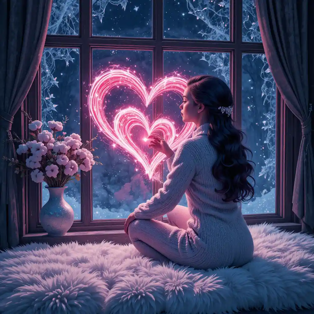 Donna che disegna un cuore luminoso su una finestra ghiacciata