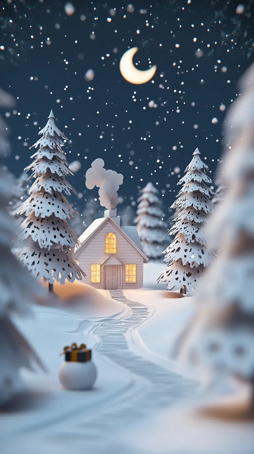 Snowy village with cottage and snowman under crescent moon