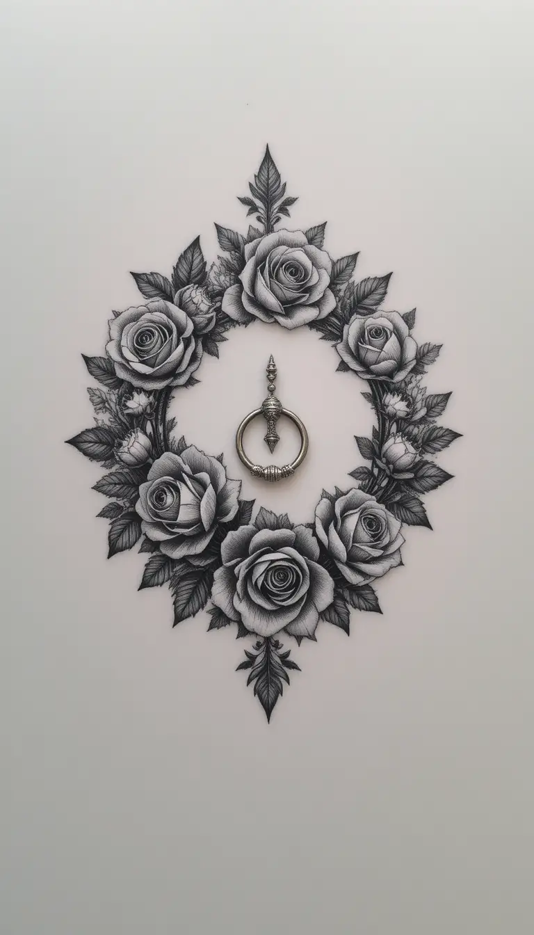 Tatuaggio stilizzato del capezzolo floreale con anello piercing