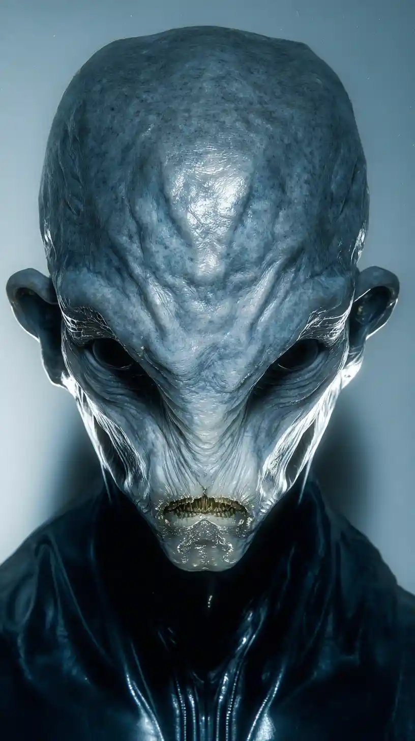 Sinister humanoid creature in black latex against blue backdrop