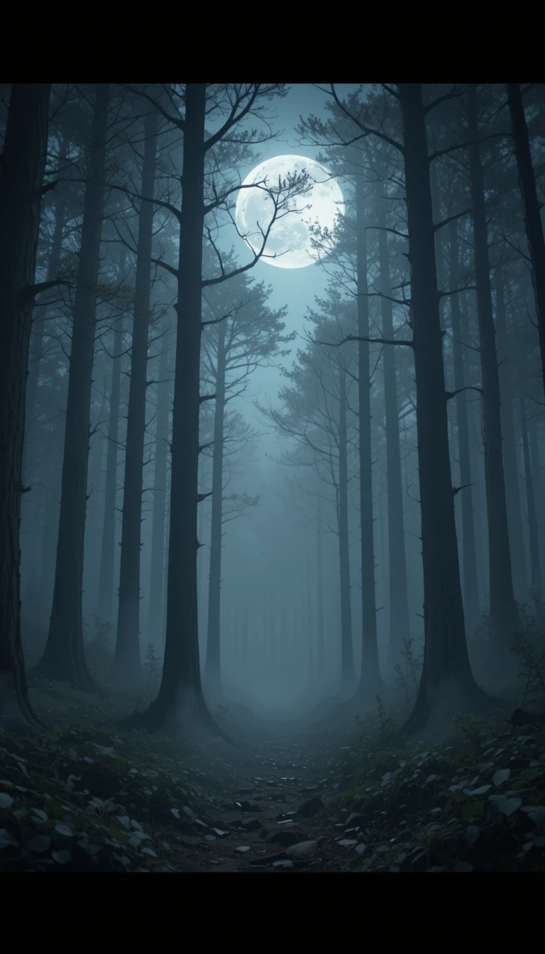 Moonlit foggy forest with tall shadowy trees