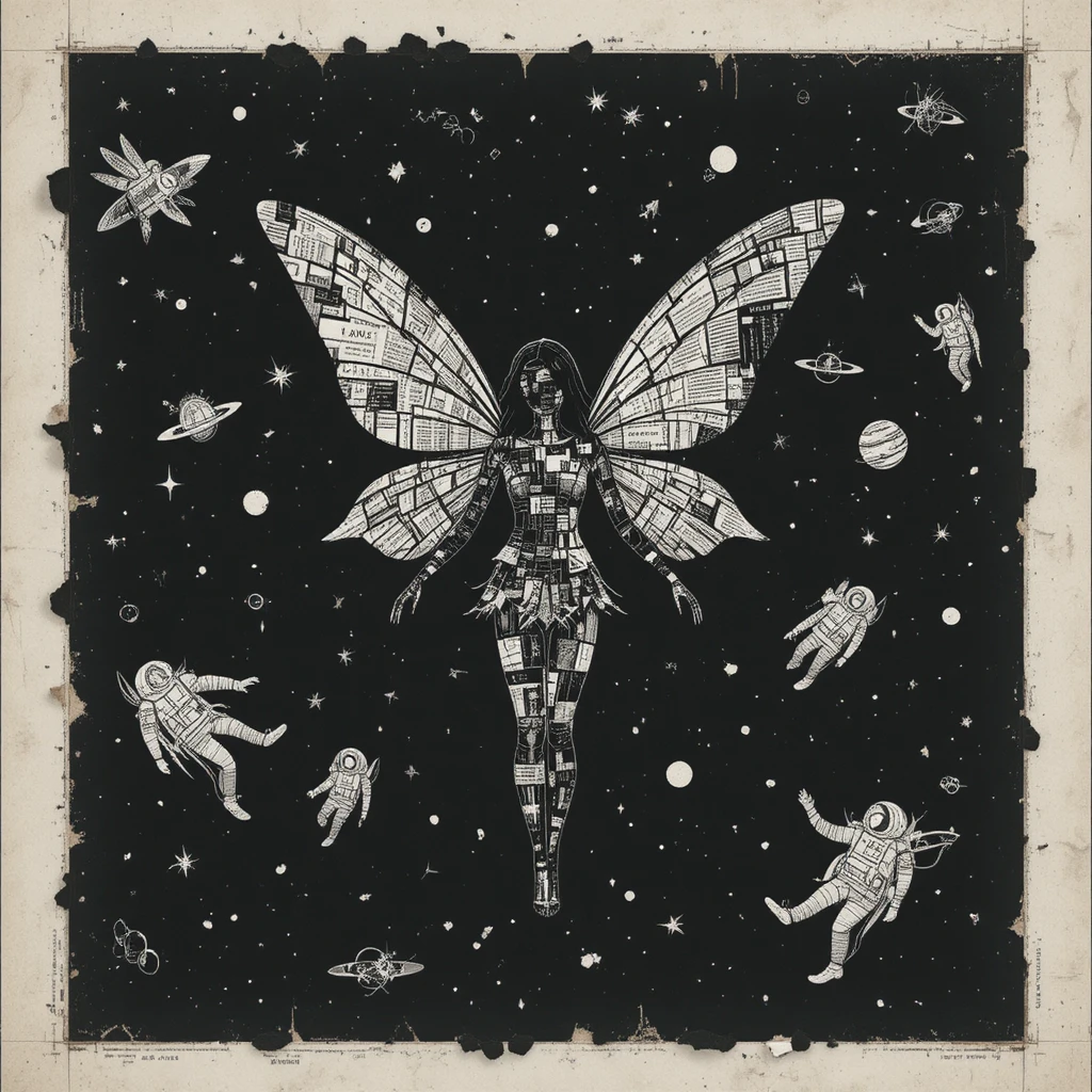 Silhouette fairy collage flying through surreal cosmic void