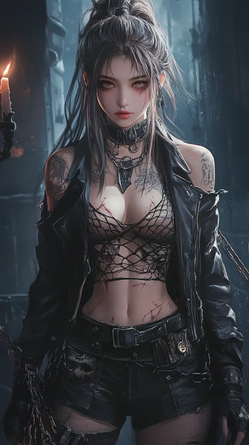 Defiant anime heroine in chains under flickering candlelight