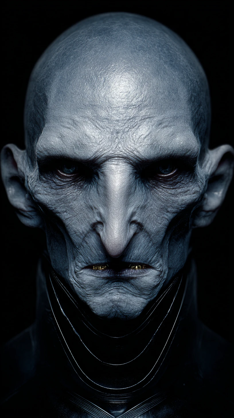 Grotesque humanoid creature portrait in shiny black outfit
