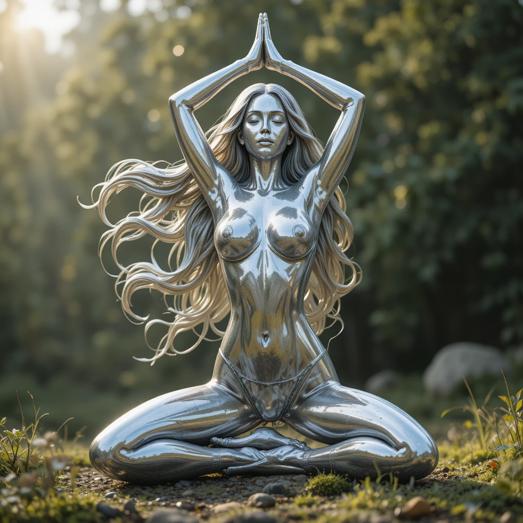 Silver statue of a long haired girl in yoga pose