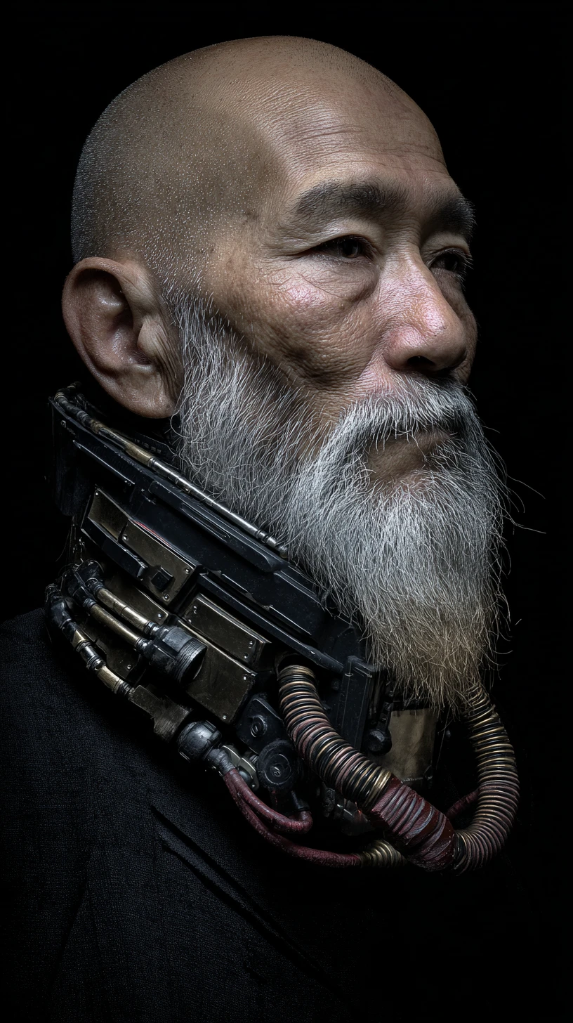 Cyberpunk commander portrait of an aged man with mech mask