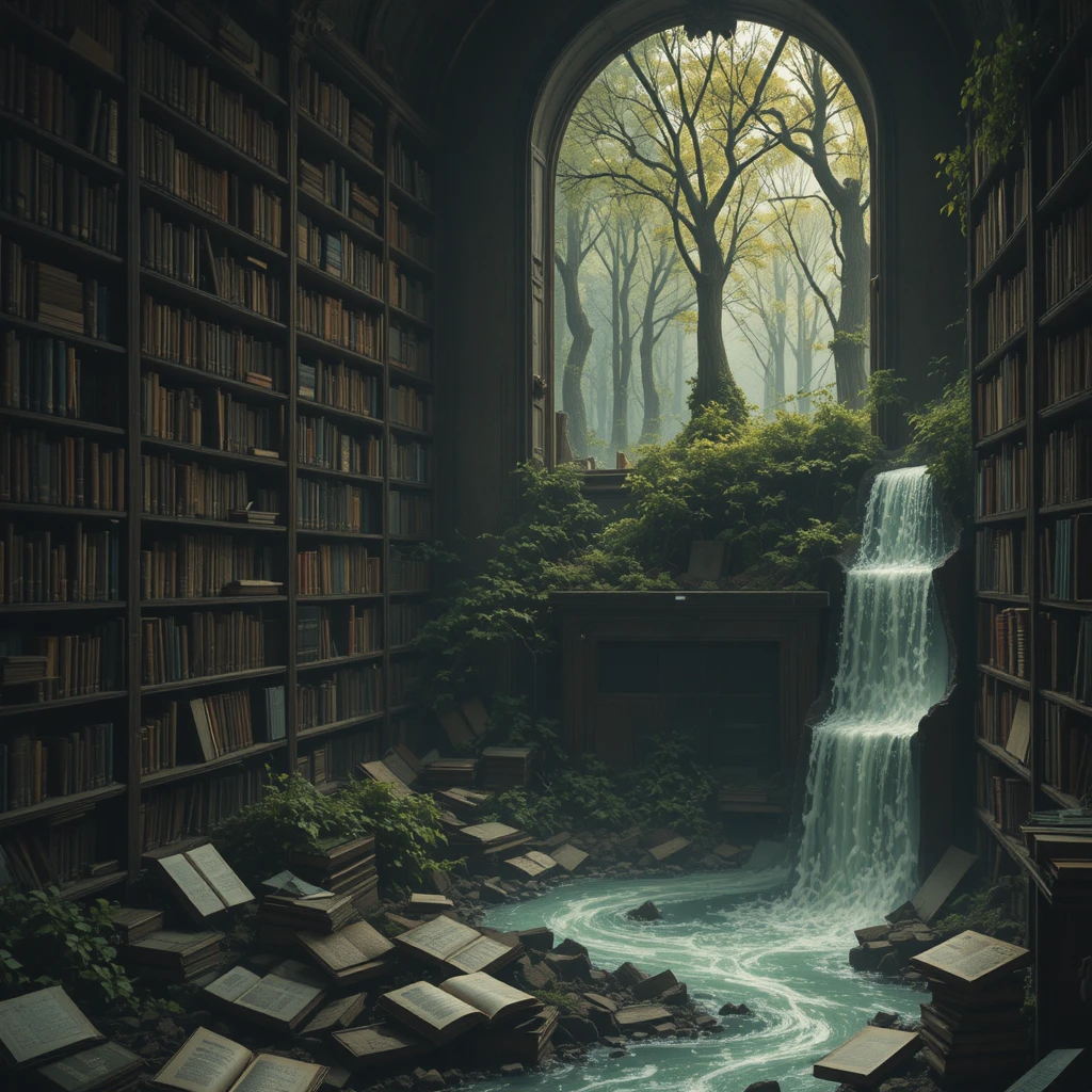 Bibliothèque abandonnée avec une rivière de texte lumineux s’en échappant