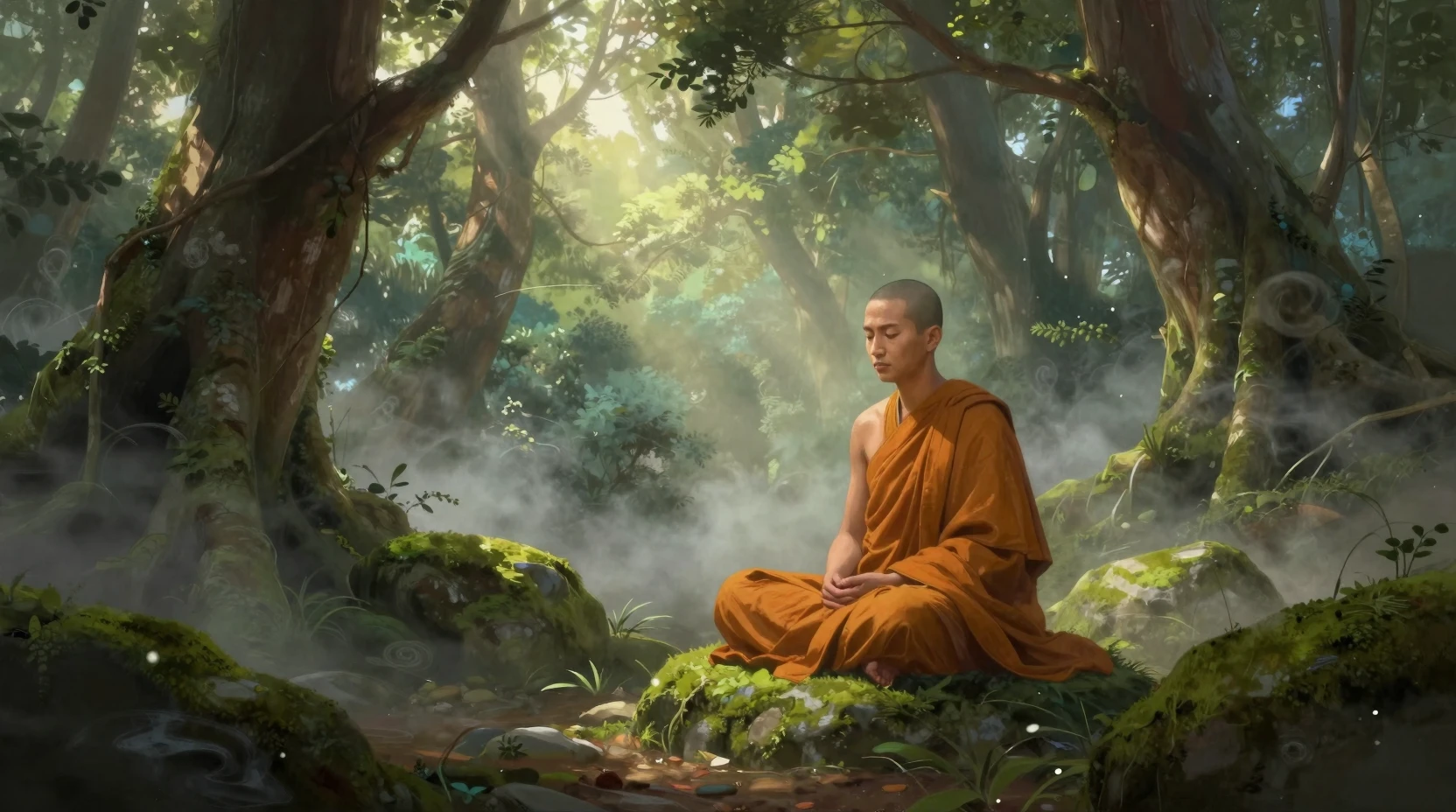 陽光灑落古老森林聖地中靜坐冥想的孤獨僧人