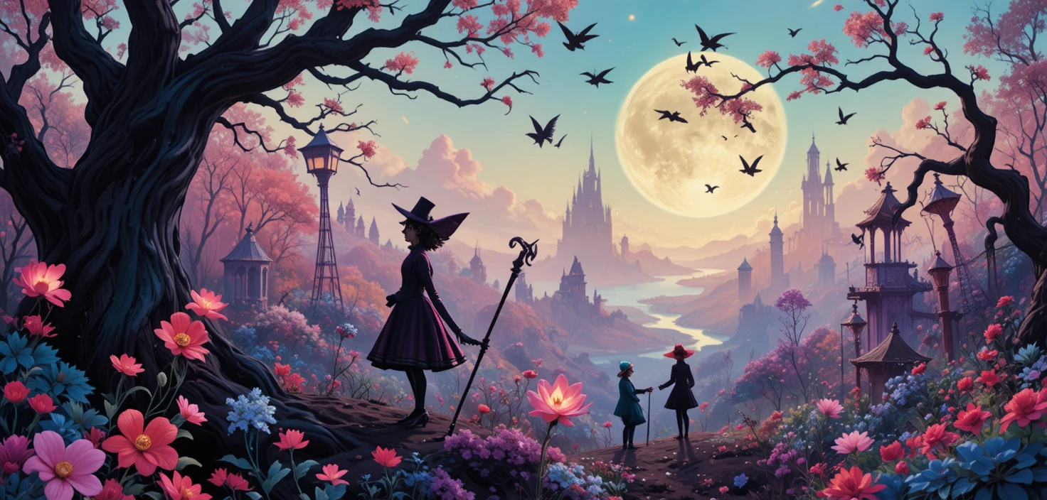 Whimsical fantasy characters in colorful retro poster style