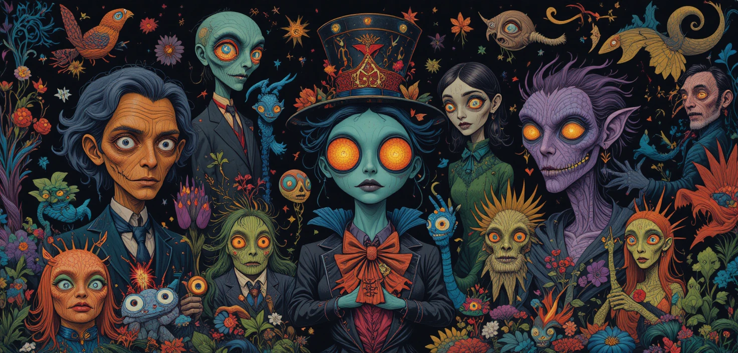 Criaturas fantasiosas retrô e divertidas em estilo gráfico colorido