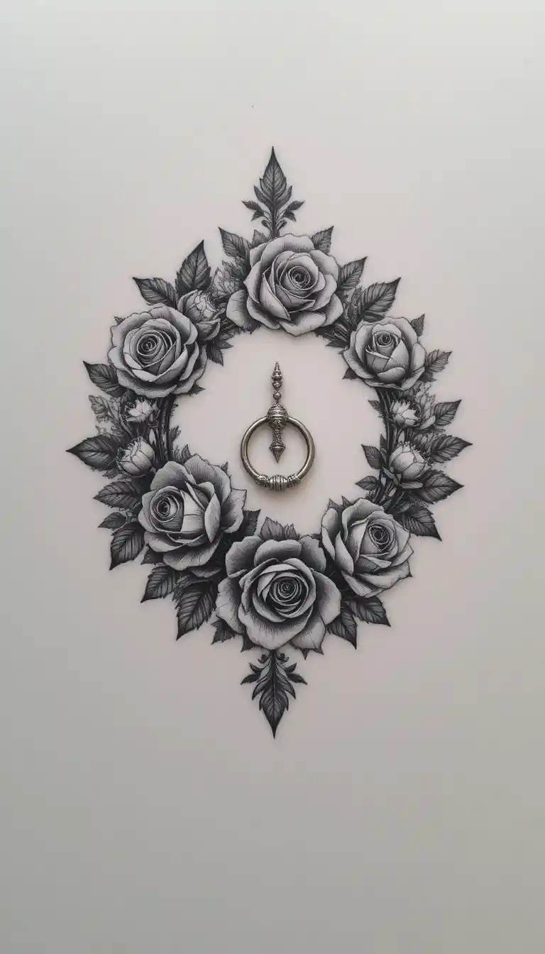 Tatuaggio stilizzato del capezzolo floreale con anello piercing