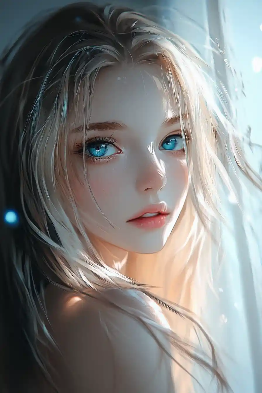 Anime portrait of blonde woman behind white wall