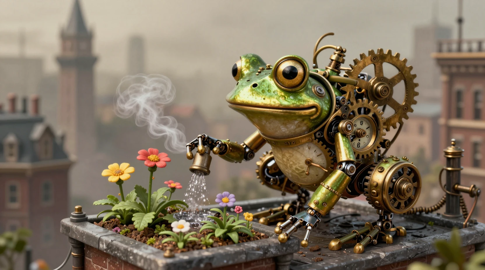 Clockwork frog tending a tiny rooftop steampunk garden