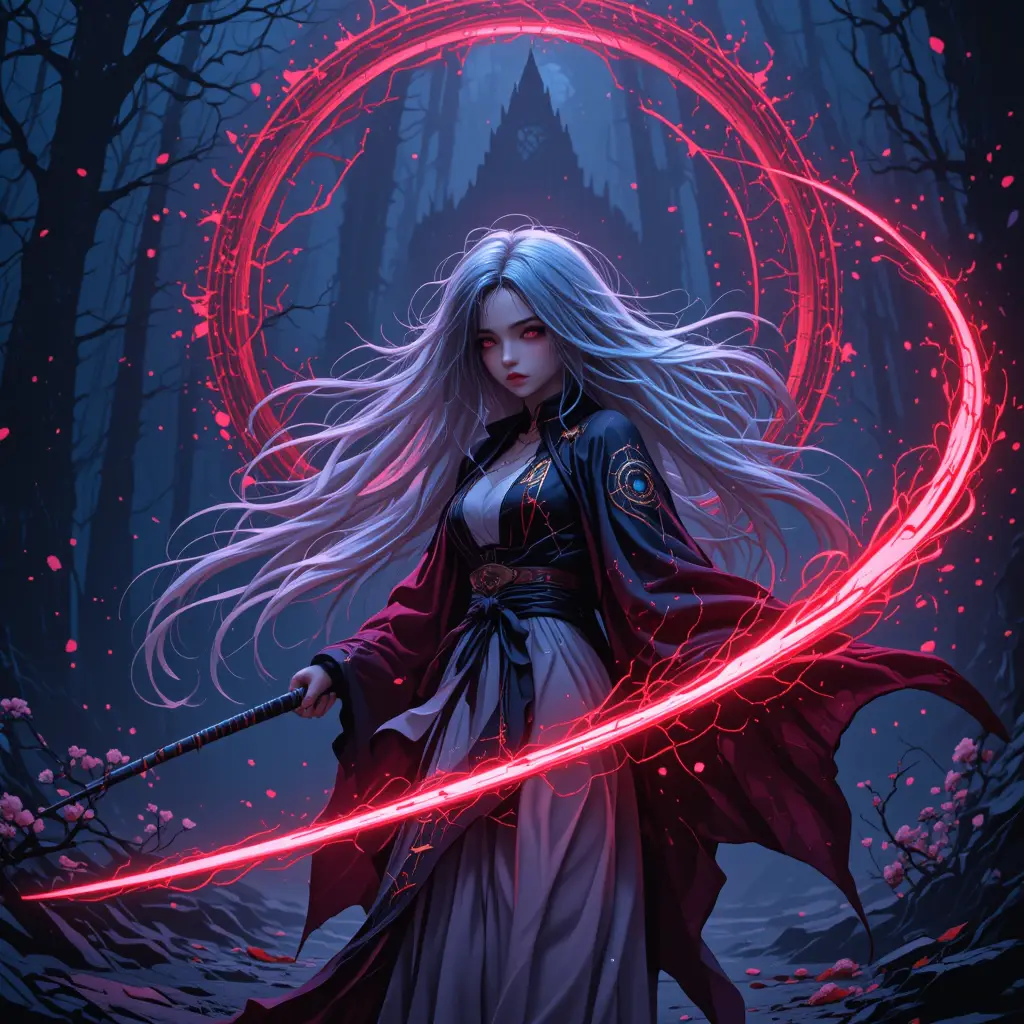 Silver haired anime girl wielding a glowing blood red katana