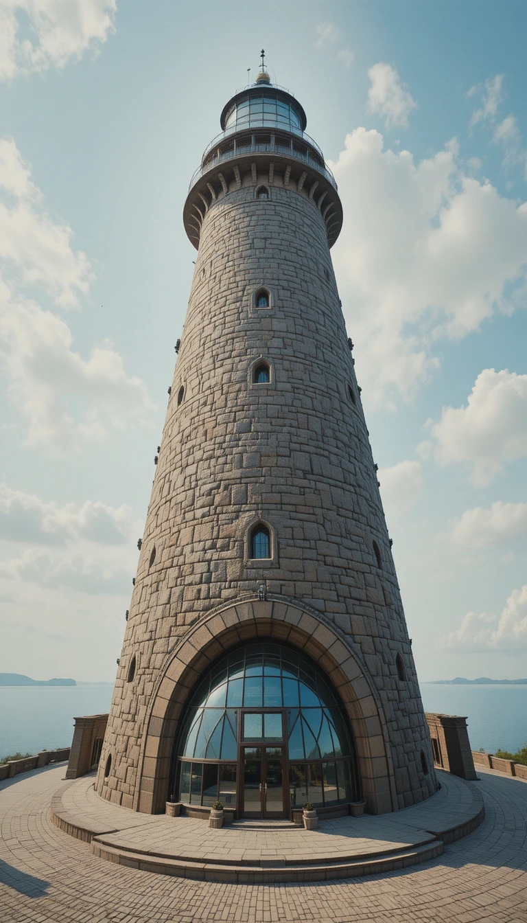 Colossal beehive lighthouse above a cobblestone plaza