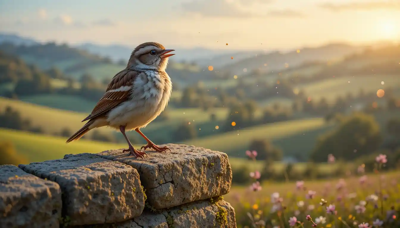 Sparrow Singing On A Mossy Stone Wall At Sunrise
