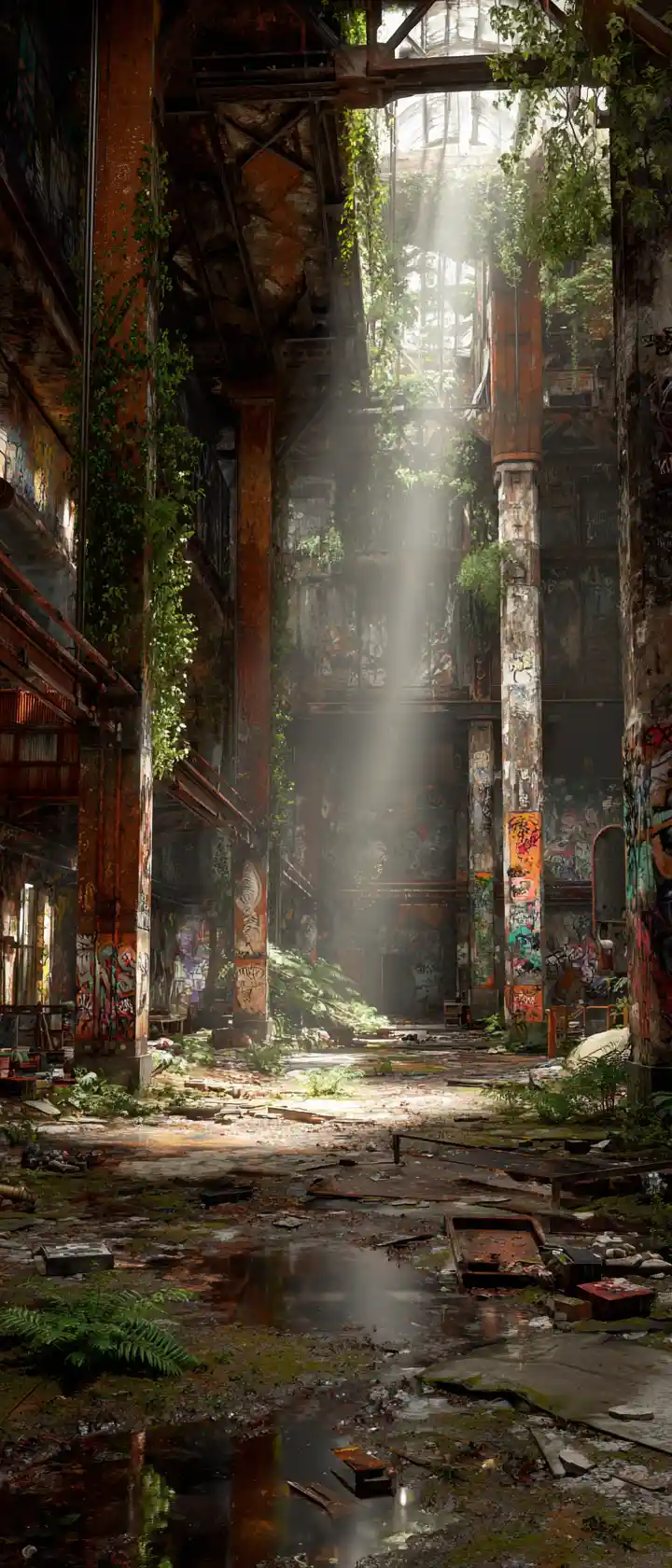 Abandoned industrial hall reclaimed by ivy and warm light