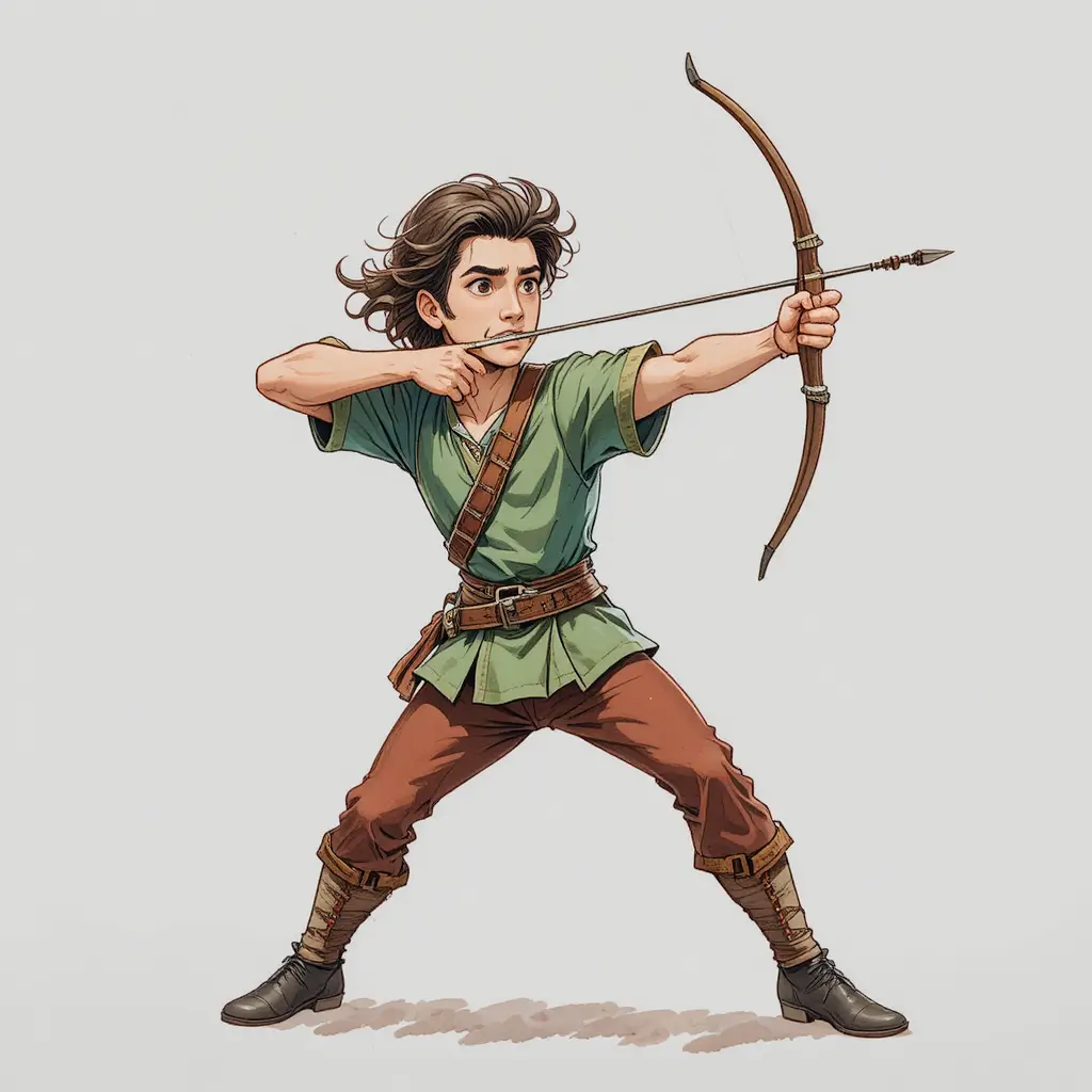 Cartoon archer in green tunic aiming bow on white background
