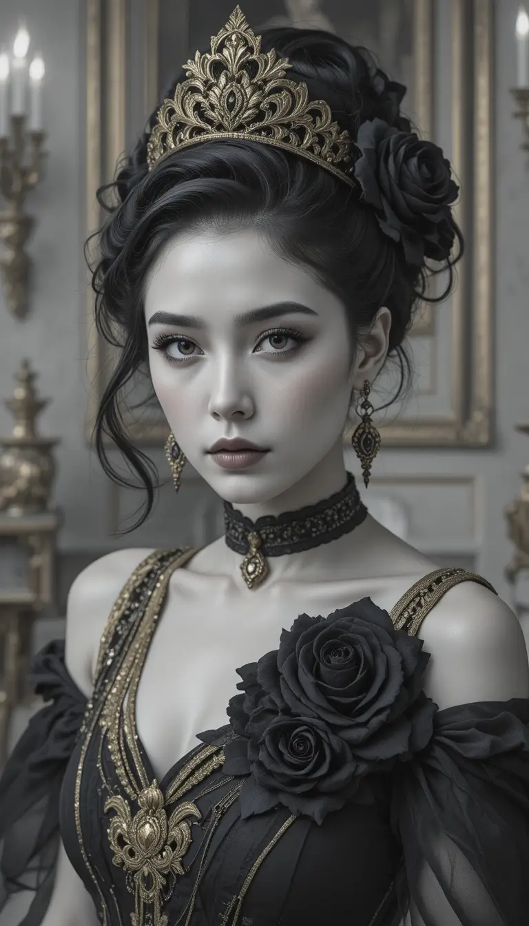 Mysterious young woman in black dress with gold crown