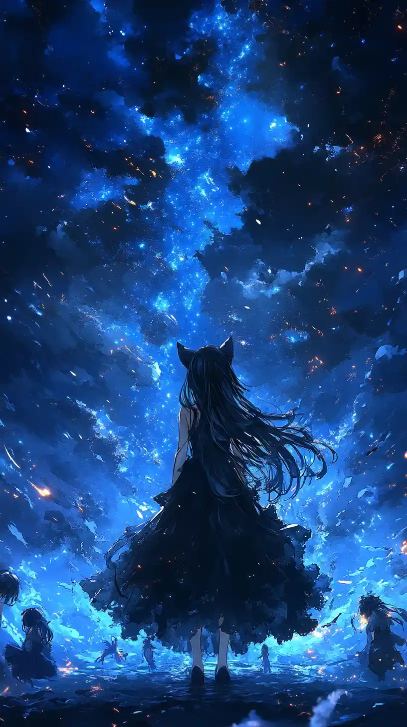 穿著閃耀黑色晚禮服的貓耳動畫少女