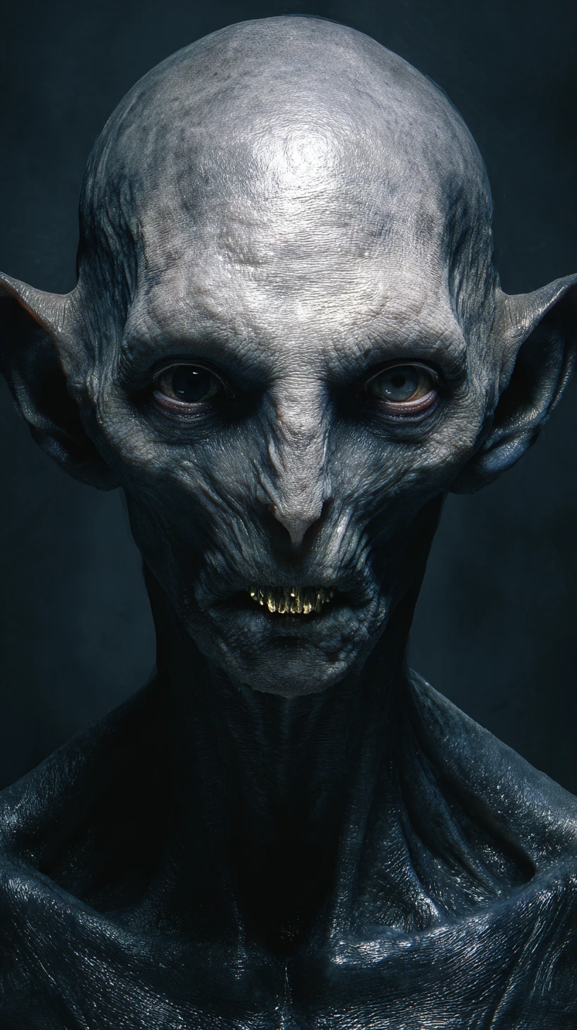 Grotesque humanoid monster portrait in glossy black latex