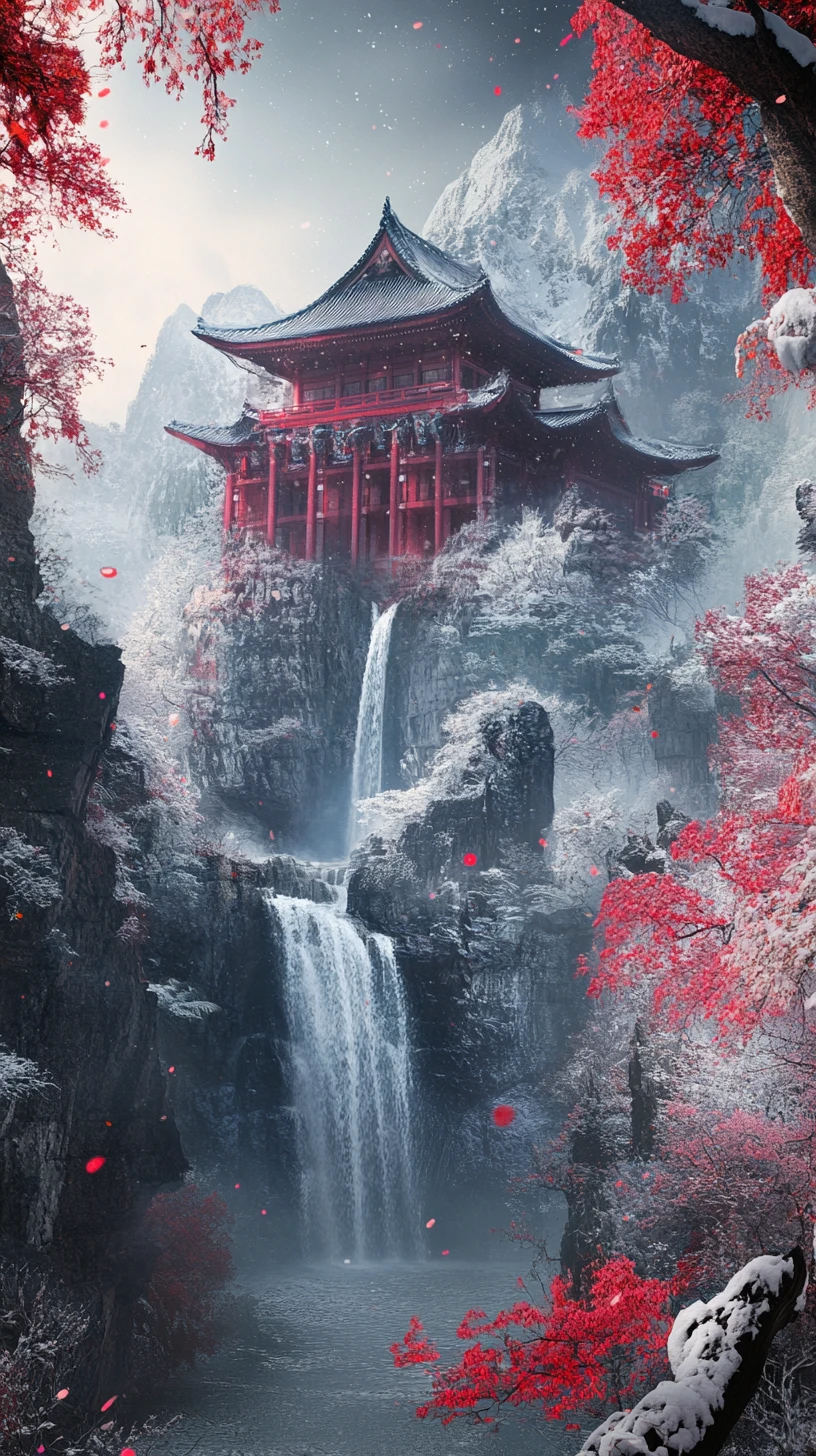 Epischer japanischer Palast zwischen schneebedeckten Wasserfällen und Bäumen