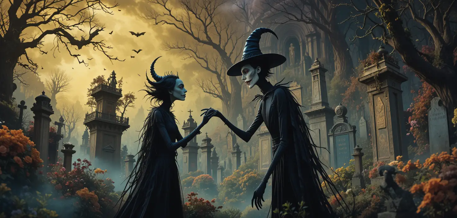 Criaturas fantasiosas em um cemitério gráfico colorido