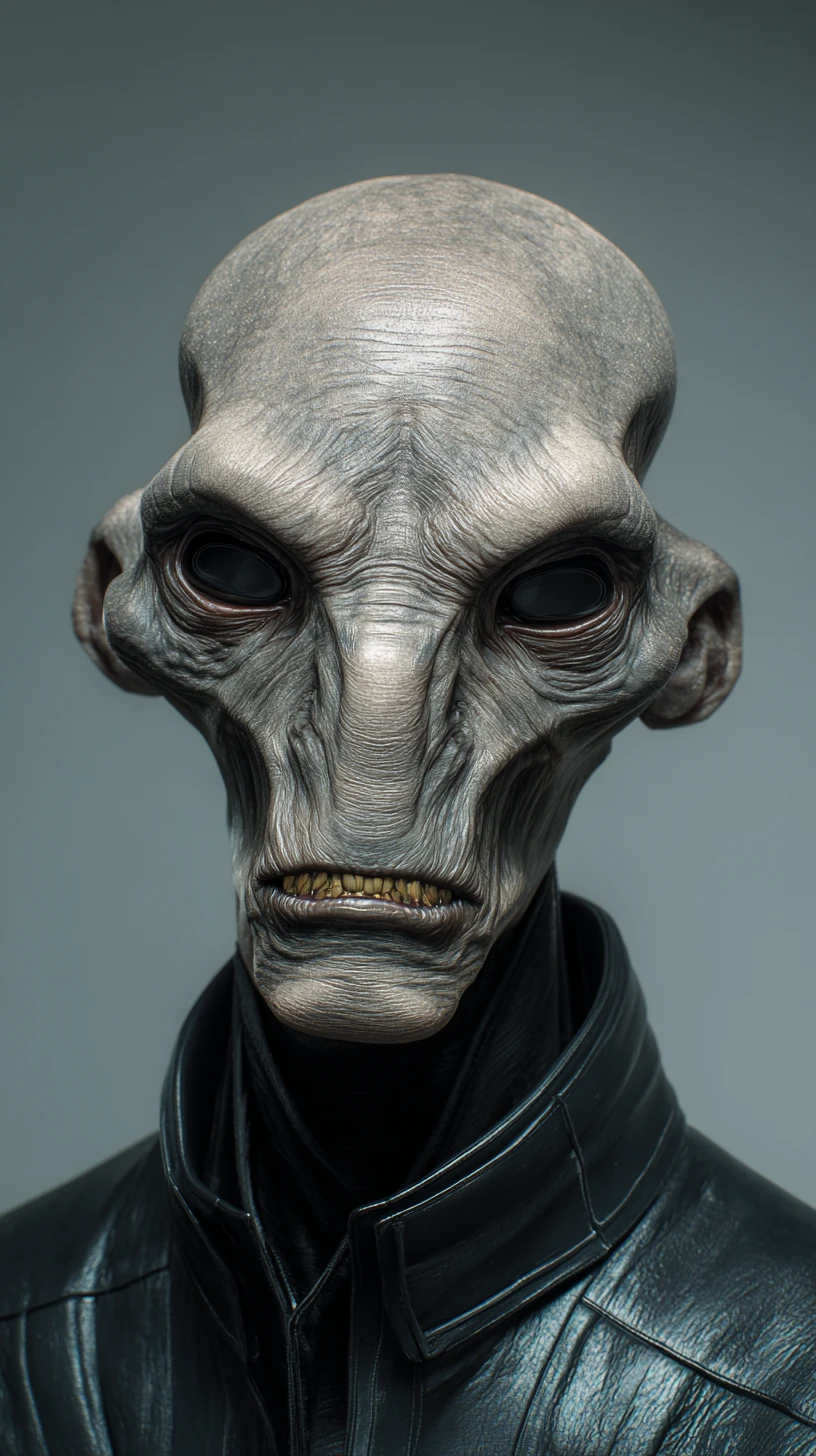 Sinister bald humanoid portrait with reptilian eyes
