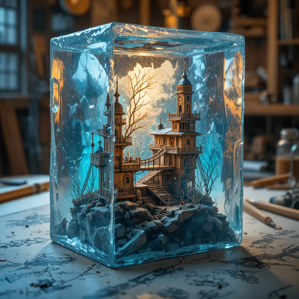 Miniature steampunk city frozen inside a glowing ice cube